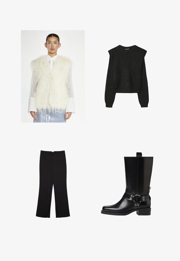 Glamorous Weste - cream; Schwarzer, langärmeliger, gestrickter Pullover mit gepolsterten Schultern sowie gerippten Bündchen und Saum, dargestellt vor einem weißen Hintergrund.; Schwarze Hose mit geradem Schnitt, ausgestattet mit Fronttaschen und Seitenschlitzen am Saum. Hergestellt aus weichem, glattem Stoff. Geeignet für verschiedene Anlässe.; Schwarze Lederstiefel bis zum Knie mit spitzer Zehenform, silbernen Schnallenakzenten und einem klobigen Absatz. Verfügt über eine Zuglasche für einfaches Anziehen.