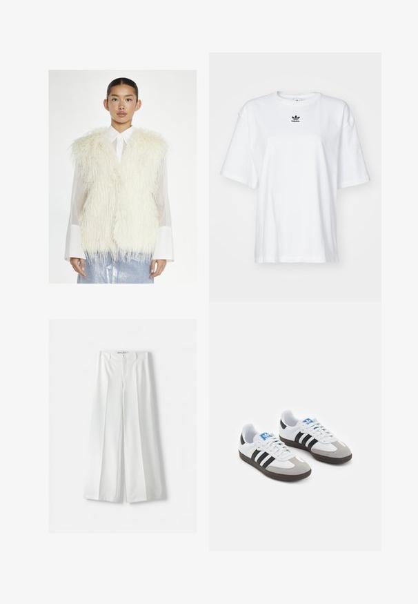 Glamorous - Kamizelka; Biała, krótko rękawowa koszulka z bawełny. Posiada okrągły dekolt oraz małe, czarne logo Adidas na klatce piersiowej. Proste zakończenie.; Bershka WIDE biały; Buty sportowe z białą skórzaną cholewką, szarym zamszowym noskiem i trzema czarnymi paskami. Posiadają niebieskie logo na języku oraz teksturowaną gumową podeszwę.
