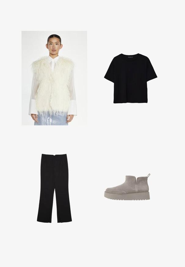 Glamorous Väst - cream; Svart t-shirt med kort ärm tillverkad av bomull. Har en rund hals och en lös passform med en slät, enfärgad yta. Inga synliga mönster eller accenter.; Svarta byxor med rak passform, utrustade med framfickor och sidoklyvningar vid fållen. Tillverkade av mjukt, slätt tyg. Lämpliga för olika tillfällen.; Grå mocka ankelstövel med låg profil, elastiska sidopaneler och en strukturerad gummisul. Har en dragflik för enkel påtagning.