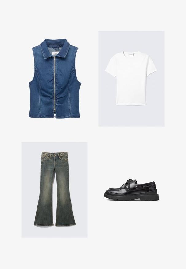Denim ærmeløs vest med fuld lynlås foran, krave, samlede detaljer foran og et klassisk blå vask.; Hvid T-shirt med korte ærmer lavet af bomuld, med rund hals og lige kant. Minimalistisk design uden synlige mønstre eller detaljer.; Udhulende denimjeans i en falmet blå farve med design af klassiske fem lommer, der har en let tekstur og synlige sømdetaljer.; Sorte læder bådsko med rund tå, snørebåndsdesign, syninger og en kraftig gummisål med et tekstureret grebmønster.