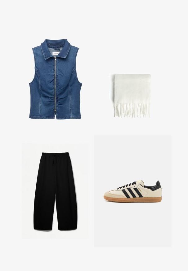 Denim-sleeve vesti ilman hihoja, jossa on täydellinen edestä suljettava vetoketju, kauluksellinen kaula-aukko, poimuttamista edessä ja klassinen sininen pesu.; Valkoinen pitkähihaisessa paidassa on pyöreä pääntie. Se on muotoiltu istuvaksi, sileä kangas on miellyttävä päällä ja hemline on hieman cropped.; Mustat leveät housut, joissa on joustava vyötärö ja kiristysnauha. Pehmeä kangas, jossa on sileä pinta. Suora leikkaus, jossa on sivusaumat.; Beige urheilukenkä mustilla raidoilla, kumipohjalla ja mustilla yksityiskohdilla. Ominaisuuksiin kuuluu sileä nahkainen päällinen ja pyöristetty kärjen muoto.; Valkoinen fleece-huivi, jossa on fringed-reunat, pehmeä rakenne ja suorakulmainen muoto. Sopii kerrostamiseen ja lämmön tarjoamiseen.