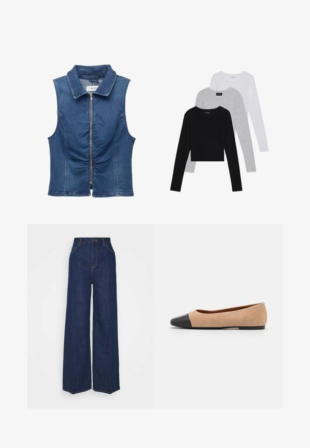 Denim brezrokavnik, ki vsebuje zadrgo spredaj, ovratnik, gubano detajliranje spredaj in klasično modro pranje.; Tri dolga rokava zložena: črna, siva in bela. Vsaka ima okroglo izreznico in skrajšan dizajn z gladkim, lahkotnim materialom.; Temno modri džins s širokimi nogavicami in visokim pasom, z žepi spredaj in zadaj, gumbom za zapiranje in vidnimi šivi.; Bež suedska baletna obutev s črnim usnjenim okroglim delom na prstih, nizko peto in gladko teksturo, ki se ponaša z minimalnimi šivi in čistim dizajnom.