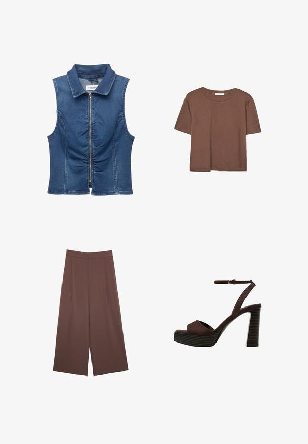 Gilet in denim senza maniche, con zip frontale completa, colletto, dettagli arricciati nella parte anteriore e un classico lavaggio blu.; Maglietta a maniche corte marrone realizzata in tessuto morbido, con scollatura rotonda e vestibilità rilassata. Nessun motivo o dettaglio visibile.; Pantaloni ampi marroni con una texture liscia, caratterizzati da una vita alta e pieghe frontali. Il tessuto è leggero e scorre liberamente.; Sandal in camoscio marrone con tacco alto, punta aperta, cinturino alla caviglia regolabile e suola a piattaforma striata.