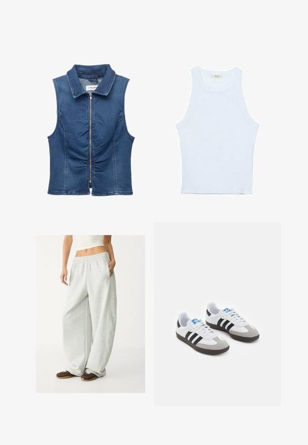 Ärmellose Jeansweste mit durchgehendem Reißverschluss, Kragen, gerafften Details an der Vorderseite und einer klassischen blauen Waschung.; Weißes Tanktop, gerippte Textur, runder Ausschnitt, ärmelloses Design, enganliegende Form, dezente Markenkennzeichnung im Etikett im Kragenbereich.; Hellgraue Sweatpants mit einem elastischen Bund, Seitentaschen und lockerem Schnitt. Hergestellt aus weichem, strukturiertem Stoff; verfügt über dezente Nähte.; Sportschuhe mit einem Obermaterial aus weißem Leder, grauer Wildleder-Zehenkappe und drei schwarzen Streifen. Sie verfügen über ein blaues Logo auf der Zunge und eine strukturierte Gummisohle.