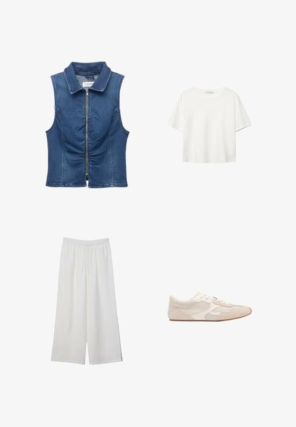 Denim ærmeløs vest med fuld lynlås foran, krave, samlede detaljer foran og et klassisk blå vask.; Hvid kortærmet t-shirt lavet af bomuld. Har en rund halsudskæring og en afslappet pasform. Glat tekstur uden synlige mønstre eller detaljer.; Hvide vidde bukser lavet af letvægtsstof, med en elastisk talje og snøre for justerbar pasform. Glat tekstur.; Beige atletisk sko med en kombination af net- og ruskindsmaterialer, rund tå og snørebånd. Teksturerede detaljer på overdelen forbedrer grebet.