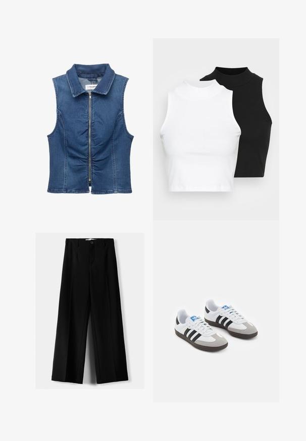 Jeansowa kamizelka bez rękawów z pełnym zapięciem z przodu, kołnierzykiem, marszczeniami z przodu i klasycznym niebieskim odcieniem.; Dwa bezrękawnikowe golfy w kolorze czarnym i białym, charakteryzujące się dopasowanym fasonem i gładką teksturą, o skróconej długości.; Czarne spodnie szerokie, wykonane z lekkiego materiału, z zapięciem na guzik z przodu i gładkim przodem, z starannie wykończonymi brzegami.; Buty sportowe z białą skórzaną cholewką, szarym zamszowym noskiem i trzema czarnymi paskami. Posiadają niebieskie logo na języku oraz teksturowaną gumową podeszwę.