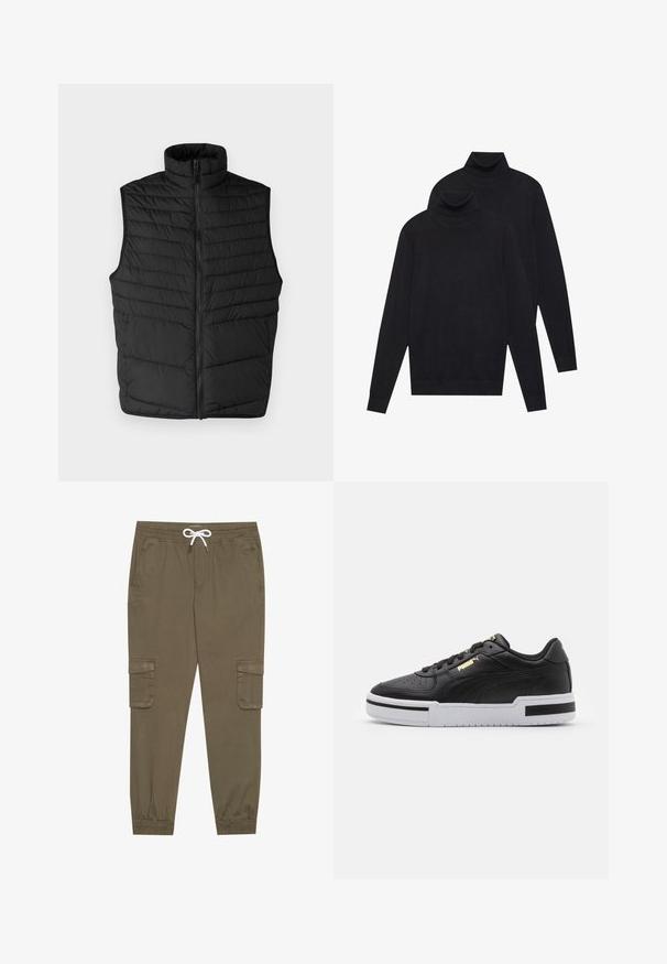 Juodas, siuvinėtas pūkų liemenis su aukštu apykakle, priekiniais užtrauktukais ir be rankovių dizainu. Pasižymi horizontaliais siuvinėjimais, suteikiančiais tekstūrą ir izoliaciją.; Du mėlynos ilgomis rankovėmis golfo megztiniai, paprasta mezgimo, supilti vienas ant kito, vienas šiek tiek už nugaros, ant baltos fono.; Khaki krovinių kelnės su elastingu juosmeniu ir užtrauktuku, su šoninėmis kišenėmis ir sutrauktomis kulkšnėmis. Pagamintos iš tekstūruotos, lengvos medžiagos.; Juodai odiniai sportbačiai su balta tarpinėmis, perforuotu pirštu, auksiniu logotipu, paminkštintu apykakle ir kontrastingomis juodomis akcentais šone.