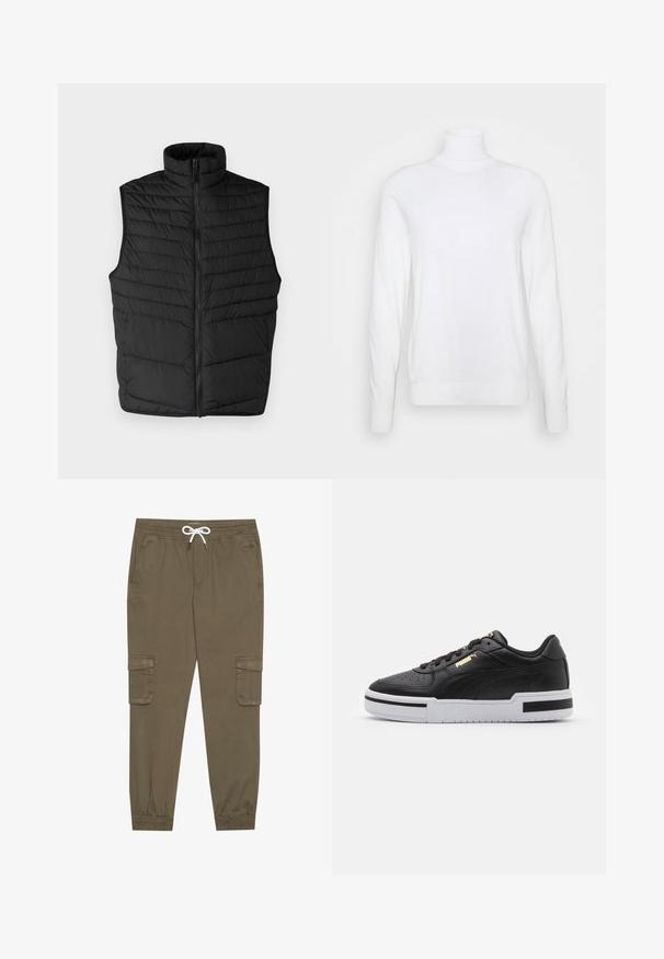 Schwarze gesteppte Steppweste mit hohem Kragen, Reißverschluss vorne und ärmellosem Design. Sie verfügt über horizontale Steppnähte für Textur und Isolation.; Weißer Rollkragenpullover mit langen Ärmeln, aus glattem Stoff gefertigt. Verfügt über eine taillierte Passform sowie gerippte Bündchen und Saum. Keine Muster oder Akzente.; Khaki Cargo-Hosen mit elastischem Bund und Kordelzug, aus seitlichen Taschen und umgeschlagenen Knöcheln. Hergestellt aus einem strukturierten, leichten Material.; Schwarze Leder sneaker mit weißer Mittelsohle, perforierter Zehenpartie, goldfarbenem Logodetail, gepolstertem Kragen und kontrastierenden schwarzen Akzenten an der Seite.