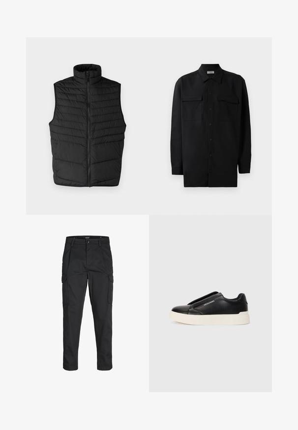 Svart quiltet puffervest med høy krage, frontglidelås og ermeløst design. Har horisontale sømmer for tekstur og isolasjon.; Svart skjorte med knapper laget av glatt stoff, med klassisk krage, to frontlommer og lange ermer med knappe mansjetter.; Sorte cargo bukser laget av slitesterkt stoff, med flere lommer, knappelukking og en slim fit-design med avsmalnede ben.; Sorte slip-on joggesko med teksturert læroverdel, hvit gummisåle og ingen synlige snører. Har merkevarelogo på siden.
