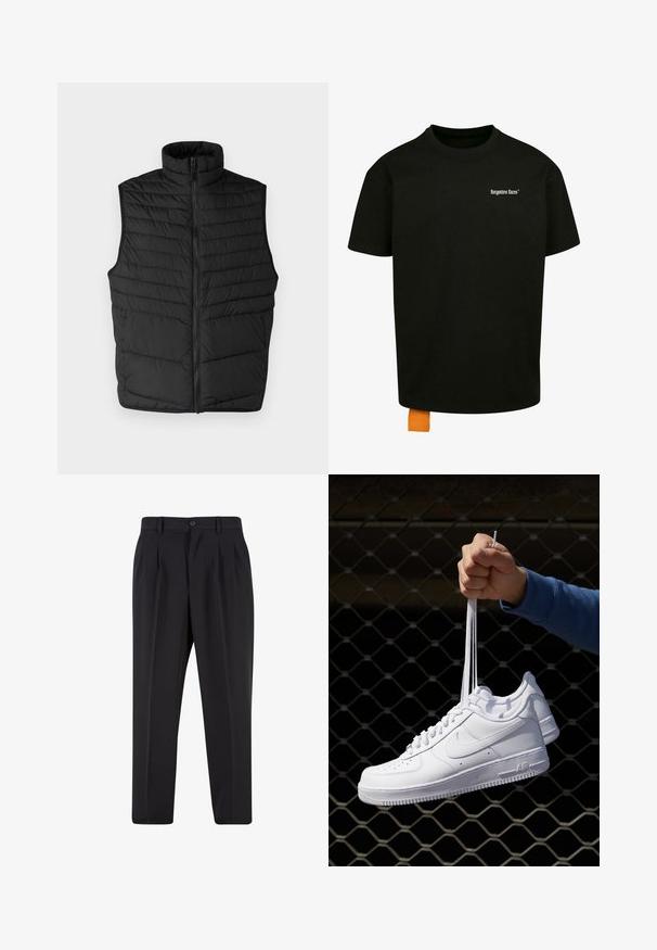 Fekete steppelt puffervest magas gallérral, elülső cipzárral és ujjatlan kialakítással. Vízszintes varrásokkal rendelkezik a textúra és a szigetelés érdekében.; Fekete pamut póló laza szabással, kerek nyakkal és rövid ujjakkal. Fehér szöveges logóval a mellrészen és narancssárga címkével az alján.; Fekete nadrág, pliszézett elejű dizájnnal, sima anyagból készült. Gombos záródás és övhurkok jellemzik; egyenes szabású.; Fehér bőr sportcipők perforációval, kerek orral, lapos talppal és vastag fűzőkkel, látható swoosh logóval és "AIR" felirattal a sarokrészen.