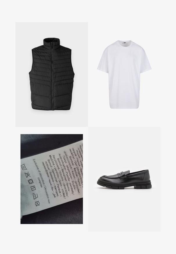 Black quilted puffer vest with high collar, front zipper, and sleeveless design. Features horizontal stitching for texture and insulation.; White cotton t-shirt with short sleeves, rounded neckline, relaxed fit, and no visible logos or patterns. Smooth texture and minimal design.; Label tag with multi-language text, care symbols, and recycling icons, printed on a soft fabric-like material in light color.; Black leather loafers with a smooth finish, featuring a front strap detail and a chunky rubber sole with grooved accents.