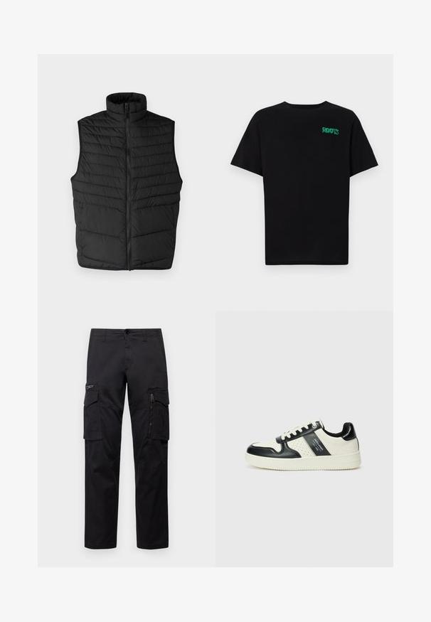 Mustmust kootud puff vest kõrge kraega, ees tõmblukuga ja ilma varrukateta disain. Omab horisontaalseid õmblusi tekstuuri ja soojustuse jaoks.; Must t-särk, mis on valmistatud puuvillast, lühikeste varrukatega. Esipaneelil on roheline "ROOTS" logo, ümmargune kaelus ja tavapärane lõige.; Mustad mustree püksid, millel on mitu taskut, lukuulukuga tasku reie peal, sirge lõige ja tugevast puuvillast materjal, millel on kerge läige.; Nahatud nahkkingad musta ja kreemi värviskeemiga, millel on perforeeritud aktsendid, pehme krae ja tekstureeritud tallad.