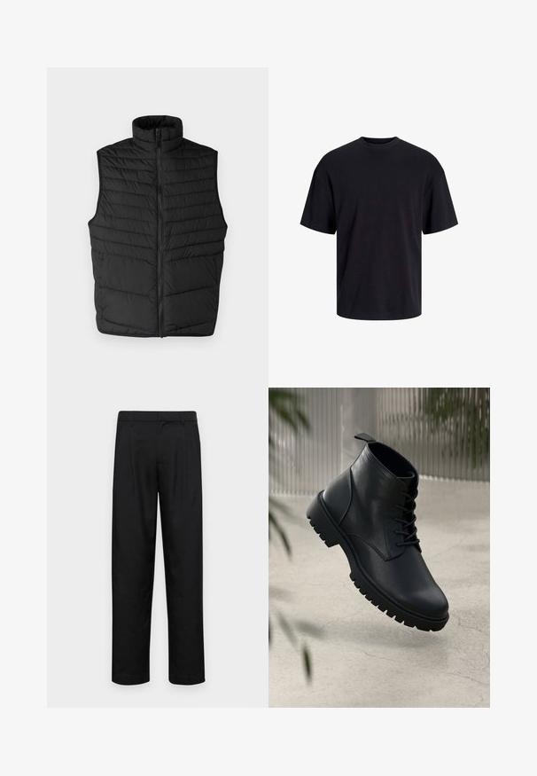 Mustat tikatut puffervestit, joissa on korkea kaulus, vetoketju edessä ja hihattomampi muotoilu. Omistaa vaakasaumat tekstuurin ja eristyksen vuoksi.; Musta puuvillapaita, jossa on pyöreä kaula-aukko, lyhyet hihat ja rento muotoilu. Yksinkertainen ja sileä pinta, ilman näkyviä kuvioita tai koristeita.; Mustat housut, jotka on valmistettu sileästä kankaasta, suoran lahkeen muotoilulla, kahdella etupleekillä ja tavanomaisella vyötäröllä, jossa on vyölenkit.; Mustat nahka nilkkurit, joissa on pyöreä kärki, nauhakiinnitys ja kova kumipohja. Sujuva pinta, jossa on vetoketju takana.