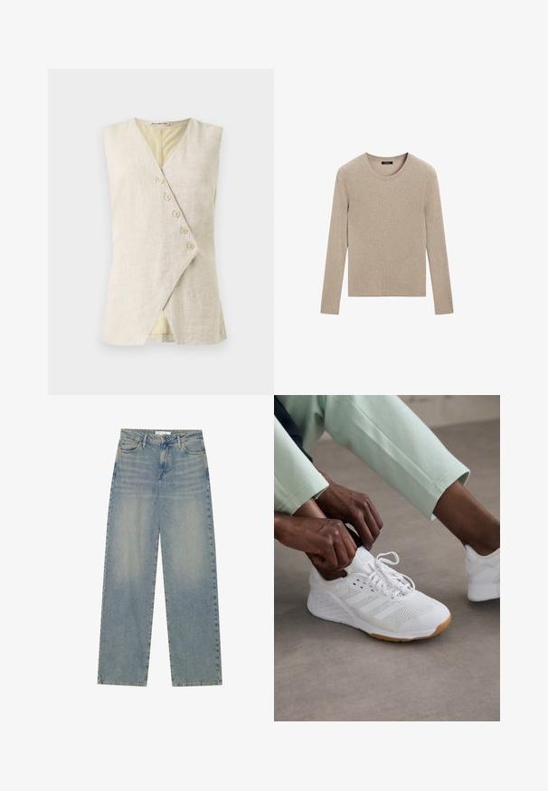 Beige linen sleeveless top with a V-neck design, featuring a wrap-style front and six decorative buttons. Smooth texture and clean lines.; Massimo Dutti RIBBED CREW NECK - Jumper - LIGHT BROWN; Light blue high-waist straight-leg denim jeans with front pockets, belt loops, and visible button and zipper closure.; White athletic shoe with a mesh upper, rubber sole, and three stripe design. Laces are being adjusted; light gray and mint green clothing visible.
