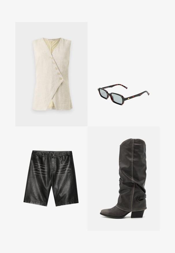 Beige színű, len anyagú, ujjatlan felső V-nyakkivágással, keresztezett elülső résszel és hat díszgombbal. Simogatós textúra és letisztult vonalak.; Texturált, bézs és barna kígyóbőr mintázatú szövetdarab, aszimmetrikus formával, amely egyedi, modern megjelenésre készült.; Fekete műbőr rövidnadrág, sima textúrával, öt zsebbel és finom csíkos részletezéssel az elején. Klasszikus egyenes szabású dizájn.; Szürke bőr, térdig érő csizmák, amelyek laza kialakításúak, hegyes orrúak és tornácos sarkúak. Figyelemre méltó varrási részlet az orr részén.; Fekete és piros mintás, téglalap alakú keretekkel rendelkező napszemüveg, szürke lencsékkel és arany kiegészítővel a szárakon. A dizájn karcsú és modern.; Kígyómintás kézitáska ívelt fogantyúval. Texturált, bézs és barna anyagból készült, jellegzetes gyémántmintával.