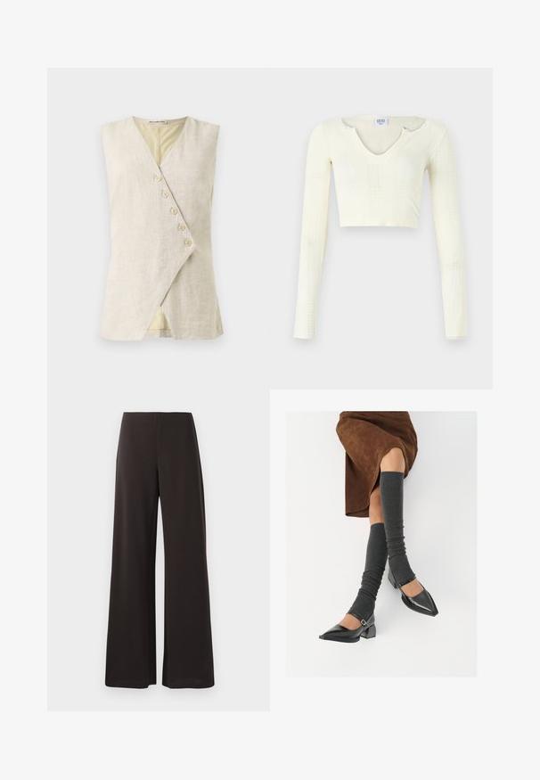 Top sans manches en lin beige avec un décolleté en V, présentant un devant croisé et six boutons décoratifs. Texture lisse et lignes épurées.; Crop top en tricot blanc cassé. Manches longues avec texture côtelée et petits détails en découpe autour de l'encolure.; Pantalons larges noirs en tissu lisse et extensible. Ils présentent une taille haute et un design épuré et minimaliste sans fermetures visibles.; Chaussures à bout pointu en cuir verni noir avec un talon bloc et une bride à la cheville, accompagnées de jambières en maille grise et d'une jupe en daim marron.