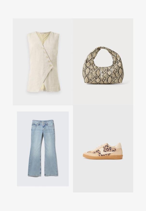 Beige Leinen ärmelloses Top mit V-Ausschnitt, das eine Wickeloptik aufweist und mit sechs dekorativen Knöpfen versehen ist. Glatte Textur und klare Linien.; Schwarzes Langarm-Oberteil mit schmalem Ausschnitt, asymmetrischem Design und seitlichen Bindebändern für eine verstellbare Passform. Weicher, elastischer Stoff mit glatter Textur.; Weekday NOVA - Jeans Slim Fit - lip blue; Löwenmuster-Sneaker mit beige Wildleder-Obermaterial, tanfarbener Gummisohle und weißen Akzenten. Runde Zehenform und Schnürdesign mit strukturiertem Finish.; Schlangenmuster-Tasche mit einem gebogenen Griff. Hergestellt aus strukturierten, beige- und braunfarbenen Materialien, die ein markantes Diamantmuster aufweisen.