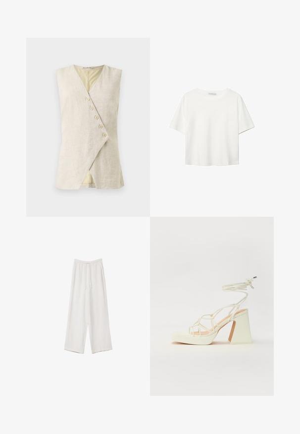 Bežová lněná top bez rukávů s designem ve tvaru V, zdobený přehnutým předním dílem a šesti dekoračními knoflíky. Hladká textura a čisté linie.; Bílý krátký rukáv tričko vyrobené z bavlny. Má kulatý výstřih a volný střih. Hladký materiál bez viditelných vzorů nebo akcentů.; Bílé široké kalhoty vyrobené z lehké tkaniny. Mají elastický pas se šňůrkou a boční kapsy. Hladká textura.; Bílé sandály na vysokém podpatku s robustním podpatkem, s designem s pásky a zavazováním kolem kotníku. Hladký povrch s platformou vpředu pro zvýšení výšky.