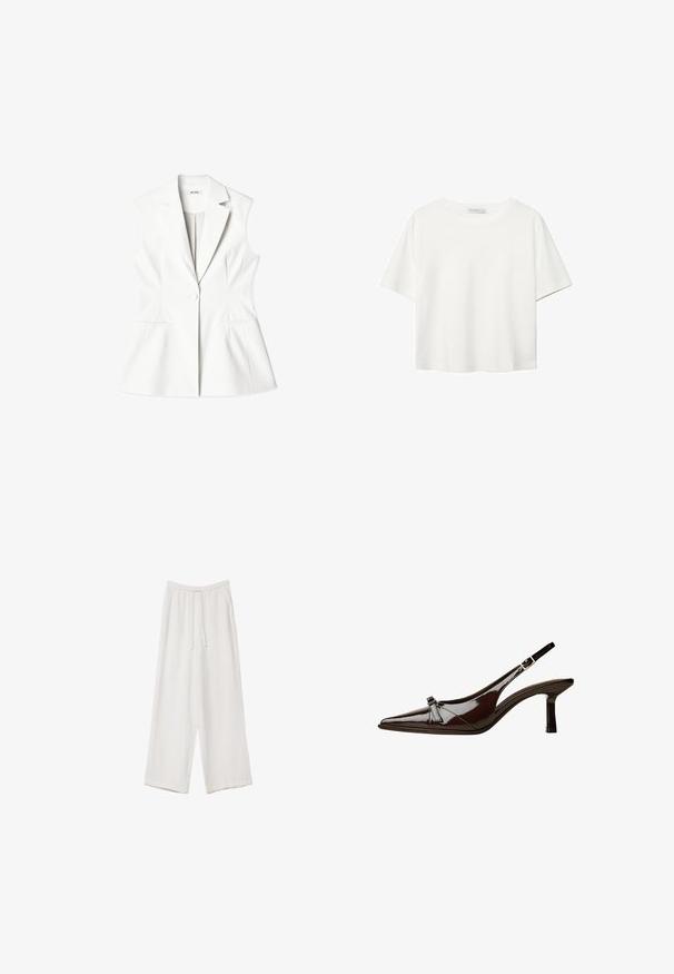 Bela brezrokavnik s skrbno zasnovo, V-izrezom, diskretno šivanim detajlom, enojnim gumbom in dvema sprednjima žepoma. Gladka tekstura tkanine.; Bela kratka majica s kratkimi rokavi iz bombaža. Ima okroglo izrezovanje in sproščen kroj. Gladka tekstura brez vidnih vzorcev ali poudarkov.; Bele široke hlače iz lahkega materiala. Imajo elastičen pas s vrvico in stranske žepe. Gladka tekstura.; Rjave lakirane slingback čevlje z oglatim nosom, nizko peto in dekorativno pentljo na sprednji strani. Gladka, sijoča tekstura.