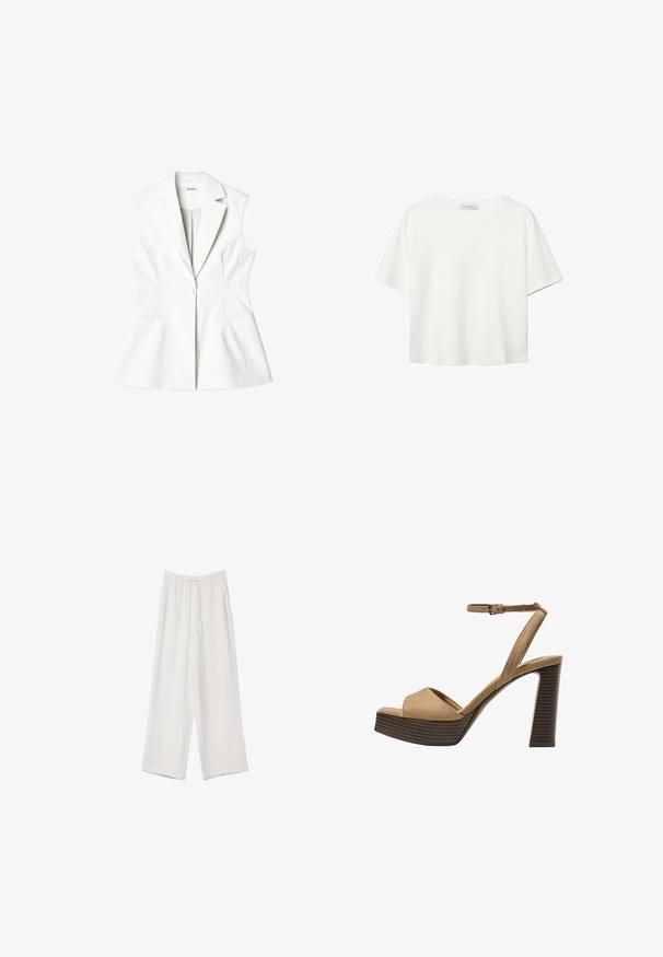 Biała, bezrękawnikowa marynarka o dopasowanym kroju, z dekoltem w kształcie V, subtelnymi przeszyciami, zapięciem na jeden guzik oraz dwoma przednimi kieszeniami. Gładka faktura materiału.; Biała koszulka z krótkim rękawem, wykonana z bawełny. Posiada okrągły dekolt i luźny krój. Gładka faktura bez widocznych wzorów czy akcentów.; Białe spodnie o szerokich nogawkach wykonane z lekkiego materiału. Posiadają elastyczny pas z sznurkiem i boczne kieszenie. Gładka tekstura.; Beżowe zamszowe sandały na wysokim obcasie z szerokim paskiem z przodu i paskiem za kostkę, z masywnym drewnianym obcasem o teksturowanym wykończeniu.