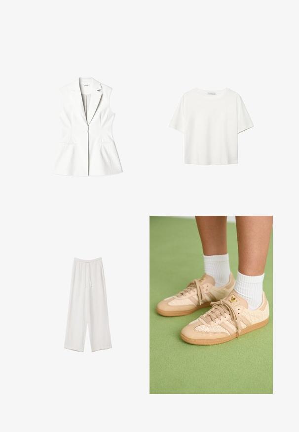 Bela brezrokavnik s skrbno zasnovo, V-izrezom, diskretno šivanim detajlom, enojnim gumbom in dvema sprednjima žepoma. Gladka tekstura tkanine.; Bela kratka majica s kratkimi rokavi iz bombaža. Ima okroglo izrezovanje in sproščen kroj. Gladka tekstura brez vidnih vzorcev ali poudarkov.; Bele široke hlače iz lahkega materiala. Imajo elastičen pas s vrvico in stranske žepe. Gladka tekstura.; Noge v bež tkanih Adidas športnih copatih z gumijastimi podplati in belimi nogavicami do gležnjev na zeleni strukturirani talni površini.