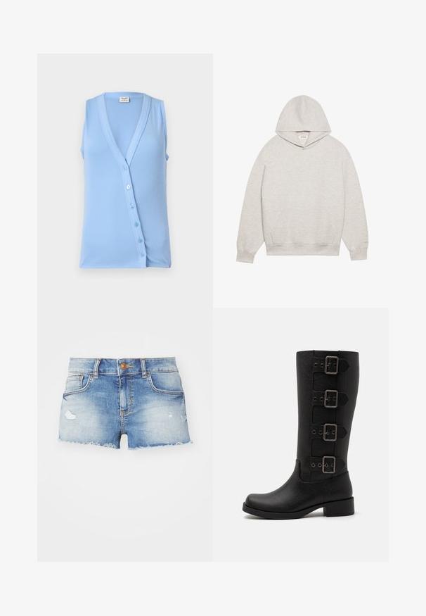 Haut sans manches bleu clair avec un col en V et une fermeture à boutons, présentant une texture côtelée et une forme ajustée. Tissu doux et accents subtils.; Haut en molleton gris clair, fabriqué en tissu doux, doté d'une poche kangourou à l'avant, d'une capuche ajustable et de poignets et d'un ourlet côtelés.; Shorts en denim bleu clair avec une finition déchirée, un ourlet effiloché, un design à cinq poches et une fermeture à un bouton à l'avant.; Bottes noires hautes en matériau synthétique lisse. Dotées de quatre sangles décoratives avec des boucles métalliques rectangulaires. Design à talon carré.