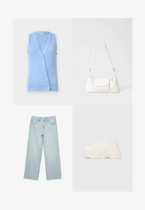 Svijetloplava bezrukavna majica s V-izrezom i kopčanjem na dugmad, s rebrastom teksturom i prilagođenim oblikom. Mekana tkanina i suptilni akcenti.; Bijela pamučna majica s grafikom crvene jastoga i plavim natpisom "Maine Beach Najbolji jastog u Massachusettsu." Kratki rukavi.; Svijetloplave široke traperice s visokim strukom, s pet džepova i suptilnim izblijeđenjem. Ravnog kroja s obrubljenim rubovima.; Bijela platnena tenisica s debelim potplatom, zaobljenim vrhom i pet rupica za vezice. Stražnji tab za jednostavno obuvanje. Glatka tekstura, minimalistički dizajn.; Bijela sintetička torbica s trokutastim oblikom, ravnim prednjim poklopcem i detaljem u obliku mašne, podesivom remenom, glatkom teksturom i minimalističkim dizajnom.