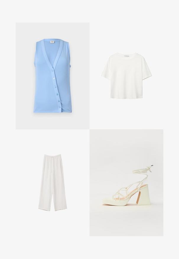 Light blue sleeveless top with a V-neck and button closure, featuring ribbed texture and a fitted shape. Soft fabric and subtle accents.; White short-sleeve t-shirt made of cotton. Features a crew neckline and a relaxed fit. Smooth texture with no visible patterns or accents.; White wide-leg trousers made from a lightweight fabric. Features an elastic waistband with a drawstring and side pockets. Smooth texture.; White high-heeled sandal with a chunky heel, featuring a strappy design and ankle tie. Smooth texture with a platform front for added height.