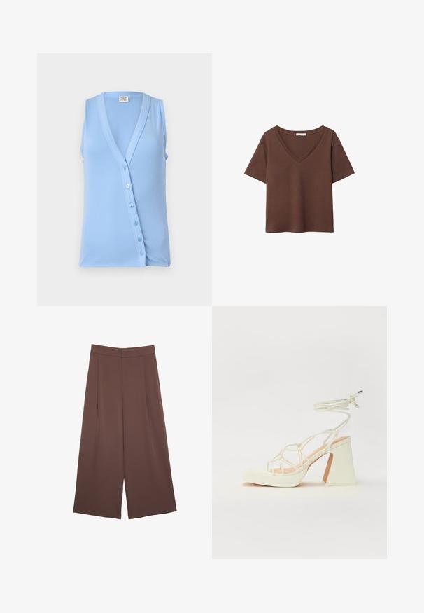 Jasnoniebieska bezrękawnik z dekoltem w kształcie V i zapięciem na guziki, charakteryzująca się teksturą prążkowaną oraz dopasowanym krojem. Miękki materiał i subtelne akcenty.; Brązowy bawełniany t-shirt z krótkimi rękawami i głębokim dekoltem w kształcie litery V. Prosty design, miękka faktura i prosty krój u dołu. Brak wzorów i akcentów.; Brązowe spodnie o szerokich nogawkach z gładką fakturą, z wysokim stanem i plisami z przodu. Materiał jest lekki i luźno opada.; Biała sandał na wysokim obcasie z masywnym słupkiem, z paskowym wzorem i wiązaniem przy kostce. Gładka faktura z platformą z przodu dla dodatkowej wysokości.