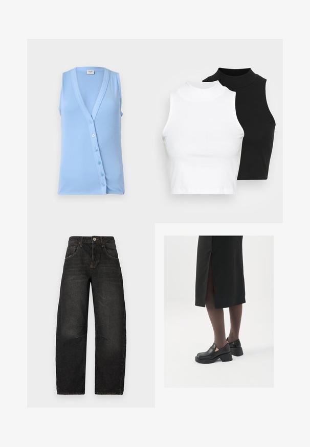 Haut sans manches bleu clair avec un col en V et une fermeture à boutons, présentant une texture côtelée et une forme ajustée. Tissu doux et accents subtils.; Deux hauts sans manches en maille côtelée, en noir et blanc, dotés d'un design ajusté et d'une texture lisse, avec une longueur courte.; Jeans noirs en denim avec une coupe droite, cinq poches, coutures visibles et une fermeture à bouton sur le devant. Tissu texturé avec un léger effet délavé.; Chaussures noires en cuir avec un bout arrondi, un épais talon bloc et des accents latéraux élastiques, associées à des bas foncés et une jupe noire avec une fente.