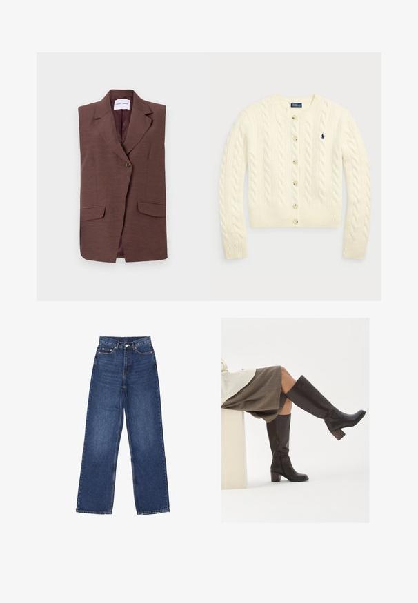 Blazer senza maniche marrone con colletto a cono, chiusura con un solo bottone e due tasche frontali. Tessuto liscio con una leggera lucentezza.; Polo Ralph Lauren CABLE-KNIT WOOL-CASHMERE CARDIGAN - Cardigan - authentic cream; Due top senza maniche a coste, uno marrone e uno nero, esposti su uno sfondo bianco semplice.; Jeans in denim blu a gamba larga con vita alta, dotati di chiusura a bottone, cinque tasche e leggere sfumature sul tessuto.; Stivali marroni in pelle alti fino al ginocchio, con punta quadrata, tacco spesso e zip laterale. Texture liscia con finitura lucida.
