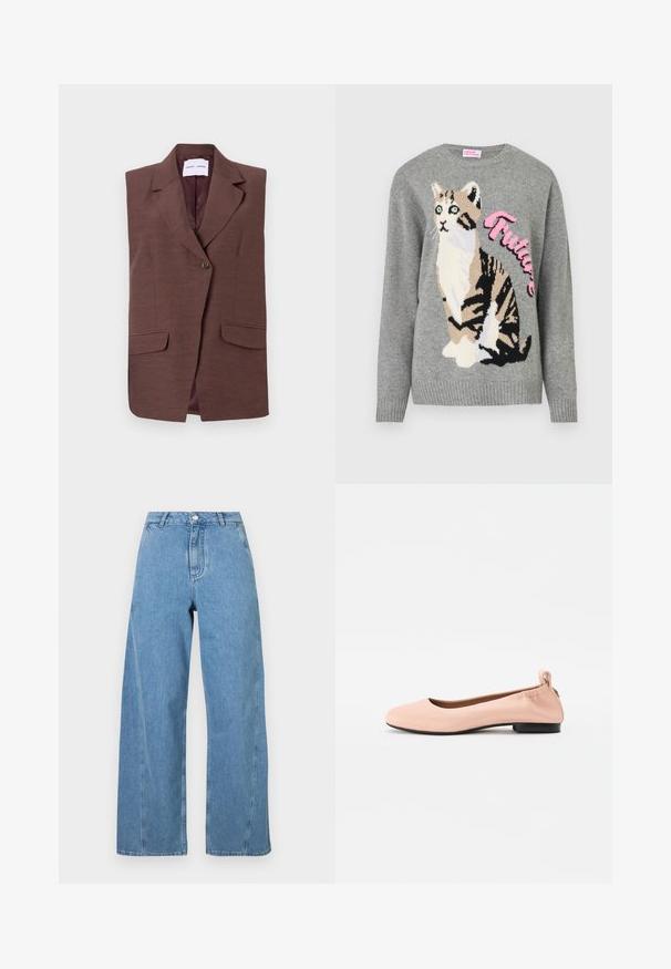 Pruuni ilma varrukateta bleiser, millel on nurgakolmnurkne krae, ühekohaline nööp ja kaks eesmist taskut. Sile tekstuur kerge läikega.; Hall grey kudumüts, millel on must ja beež kassigraafika ning ees on sõna "Tulevik" roosas värvuses.; Heledad sinised laiad püksid, mis on valmistatud denimist, kõrge vöökoha, sirge lõikega ja kontrastsete õmblustega õmbluste ääres.; Kerged roosad balletikingad, mis on valmistatud sujuvast materjalist, ümarate varvaste, paindliku seljaosa ja väikese musta kontsaga.