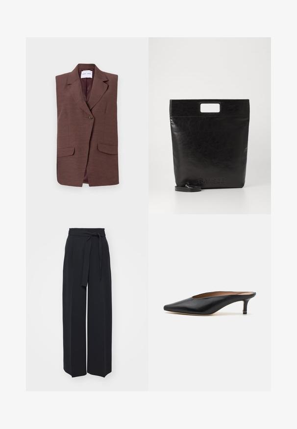 Brauner ärmelloser Blazer mit einem Reverskragen, einem Knopfverschluss und zwei vorderen Taschen. Glatte Textur mit einem subtilen Glanz.; Weißes, kurzes Sweatshirt mit langen Ärmeln, das ein Ketten- und Herzmuster aus metallischem Faden entlang des Halsausschnitts und der Schultern aufweist.; Schwarze weite Hosen aus weichem Stoff. Mit einem Gürteltäfelchen und vorderen Falten. Glatte Textur mit einem klaren, modernen Design.; Schwarze Leder-Mules mit spitzem Zehenbereich und niedrigem Blockabsatz. Glatte Textur mit elegantem Design. Offene Rückseite mit minimaler Gestaltung.; Schwarze Leder-Tote-Tasche mit einem quadratischen Griff, ausgestattet mit einer strukturierten Oberfläche und geprägtem Logo. Inklusive abnehmbarem Tragegurt.