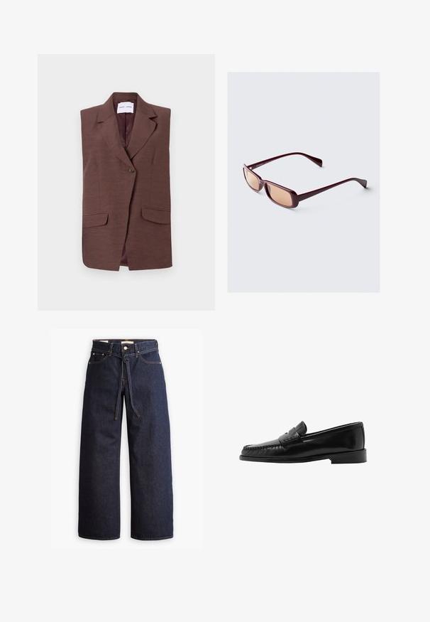 Rjav brezrokavnik z izrezanim ovratnikom, enojnim gumbom in dvema sprednjima žepoma. Gladka tekstura z rahlim sijajem.; Bela srajca z dolgimi rokavi, izdelana iz rebraste tkanine, z okroglim izrezom in oprijetim krojem. Brez vzorcev ali okrasnih elementov.; Široke temno modre kavbojke z visokim pasom, ki imajo vrvico za zavezovanje, pet žepov in kontrastne šive.; Črne usnjene loafer čevlje s ukrivljeno silhueto, dekorativnim trakom, teksturiranim šivom in ravnim gumijastim podplatom. Gladek zaključek in eleganten dizajn.; Burgundske sončna očala s pravokotnimi okvirji, gradientnimi lečami in elegantnimi rokavi. Material ima gladko, sijajno površino.; Tkanina burgundska torbica z zaobljeno obliko in enim ročajem, s teksturirano površino in elastičnim zaveznim zapiranjem.