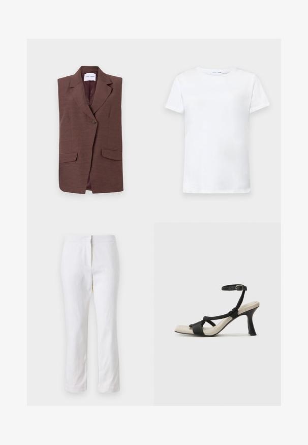 Hnedý bezrukávový blazer s klopovým golierom, so zapínaním na jeden gombík a dvoma prednými vreckami. Hladká textúra s jemným leskom.; Biela tričko s krátkymi rukávmi vyrobené z bavlny s okrúhlym výstrihom. Hladká textura a rovný strih, bez vzorov alebo akcentov.; Biele bavlnené nohavice so striedmym strihom, s pásom strednej výšky a bez viditeľných kovových prvkov alebo vzorov. Hladká textúra po celom obvode.; Čierne sandále na podpätku s pleteným pásikom, štvorcovou špičkou a nastaviteľným remienkom okolo členka. Svetlobéžová stielka s lesklým čiernym podpätkom.