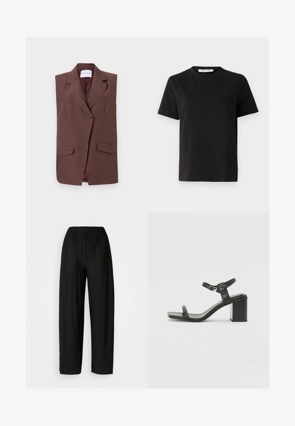 Brązowy bezrękawnik z wyciętym kołnierzem, pojedynczym zapięciem na guzik oraz dwiema przednimi kieszeniami. Gładka tekstura o subtelnym połysku.; Czarny t-shirt z krótkim rękawem wykonany z miękkiej bawełny, z okrągłym dekoltem, luźnym krojem i gładką fakturą. Bez widocznych wzorów ani grafik.; Czarne spodnie szerokie z plisami i elastycznym paskiem w talii. Tkanina ma pionowe plisy i gładką fakturę.; Czarne skórzane sandały na blokowym obcasie z szerokim paskiem na palcach i regulowanym paskiem na kostkę, o eleganckim, minimalistycznym designie.