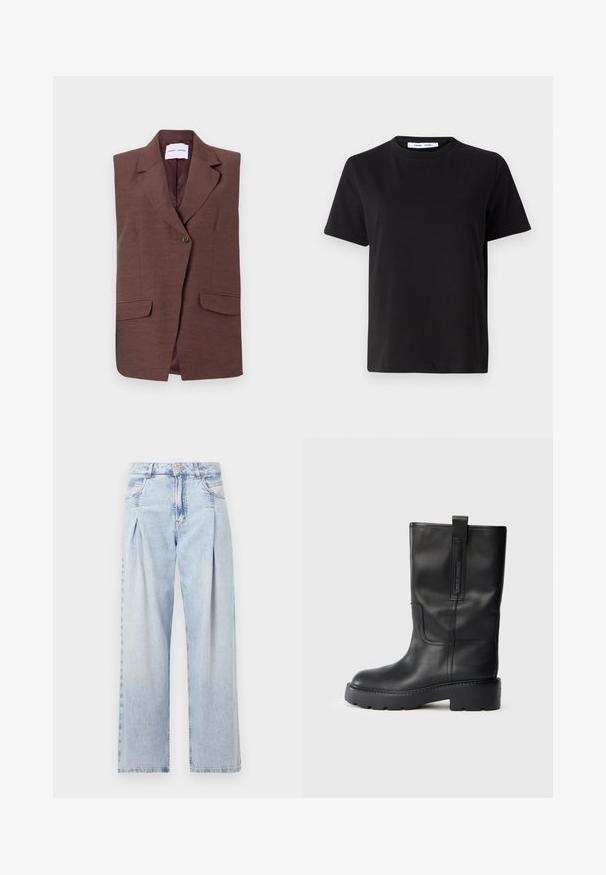 Brown sleeveless blazer with a notched collar, single button closure, and two front pockets. Smooth texture with a subtle sheen.; Black short-sleeve t-shirt made of soft cotton, featuring a round neckline, relaxed fit, and a smooth texture. No visible patterns or graphics.; Light blue denim jeans with a high waist, wide-leg cut, two side pockets, and pleated design feature. Soft texture with a faded finish.; Black leather knee-high boots with a sleek design, featuring a thick sole and a side pull tab for easy wear. Notable stitching accents.