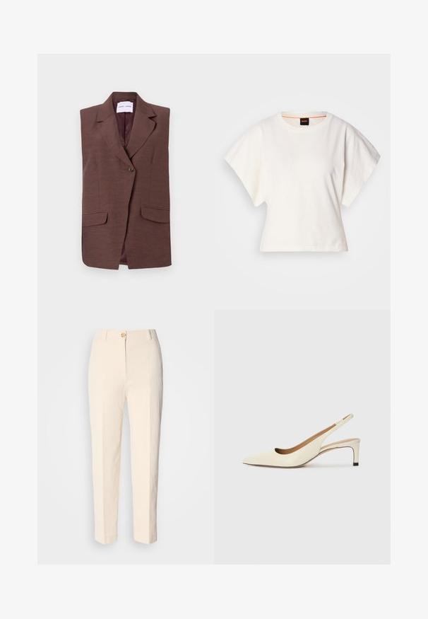 Barna ujj nélküli blézer, éllel ellátott gallérral, egygombos záródással és két elülső zsebből áll. Simára csiszolt textúra, enyhe fényességgel.; Fehér, rövid, bő ujjú, crop szabású póló, puha pamut anyagból, kerek nyakkivágással, finom narancssárga díszítéssel, minimalista dizájn, minta vagy grafika nélkül.; Krém színű, magas derekú nadrág, textúrált anyagból készült. Elülső gombos záródással és keskeny lábakkal rendelkezik.; Fűzött orrú, elöl nyitott sarkú cipő, off-white bőrből készült, alacsony sarkú, kivágott dizájnnal, sima textúrával és minimalista kiegészítőkkel.