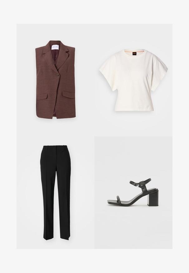 Smeđi prsluk bez rukava s ovratnikom, jednim gumbom i dva prednja džepa. Glatka tekstura s suptilnim sjajem.; Bijeli skraćeni T-shirt, široke kratke rukave, mekani pamučni materijal, okrugli izrez s suptilnim narančastim detaljem, minimalistički dizajn, bez uzoraka ili grafika.; Crne krojene hlače ravnog kroja, s glatkom teksturom i oštrim pregibima naprijed. Bez vidljivih metalnih dijelova.; Crne kožne sandale s blok petom, širokom trakom preko prstiju i podesivom trakicom oko gležnja, s elegantnim, minimalističkim dizajnom.