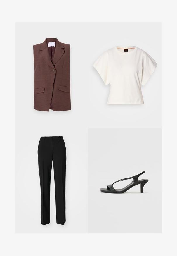 Blazer sans manches marron avec un col à revers, fermeture à un bouton et deux poches avant. Texture lisse avec un léger éclat.; T-shirt blanc cintré, manches courtes et larges, en coton doux, décolleté rond avec une discrète bordure orange, design minimaliste, sans motifs ni graphiques.; Pantalon noir ajusté avec une coupe droite, présentant une texture lisse et des plis nets sur le devant. Aucune quincaillerie visible.; Sandales noires à talons avec un design de lanière mince, bout carré et un talon bloc de hauteur intermédiaire. Fabriquées en cuir lisse avec une finition mate.