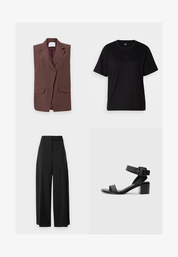 Brun ærmeløs blazer med en gennemsnitlig krave, enkelt knaplukning og to forlommer. Glat tekstur med en subtil glans.; Sort bomulds t-shirt med rund halsudskæring, korte ærmer og et broderet logo på brystet. Enkel, afslappet pasform uden mønstre.; Sorte bredde ben bukser med høj talje og bælte. Har en glat tekstur og rene linjer, designet til en afslappet pasform.; Sort læder hælet sandal med justerbar ankelrem, åben tå design og firkantet blokhæl. Glat tekstur, minimalistisk stil.
