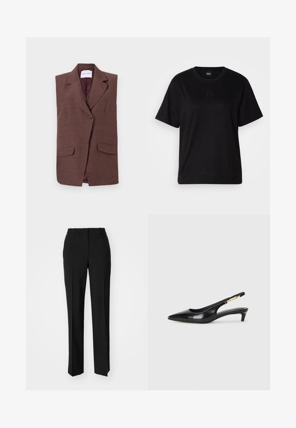 Blazer senza maniche marrone con colletto a cono, chiusura con un solo bottone e due tasche frontali. Tessuto liscio con una leggera lucentezza.; Maglietta in cotone nera con scollatura tonda, maniche corte e logo ricamato sul petto. Design semplice e vestibilità rilassata senza motivi.; Pantaloni neri su misura con un design a gamba dritta, caratterizzati da una texture liscia e pieghe ben definite sul davanti. Senza hardware visibile.; Tacchi slingback in pelle nera con punta affusolata, caratterizzati da un tacco alto e un accento dorato sulla cinghia regolabile. Texture liscia.