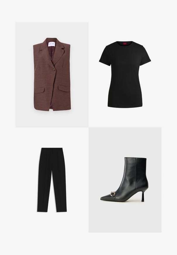 Bruine mouwloze blazer met een notch-kraag, enkele knoopsluiting en twee voorzakken. Gladde textuur met een subtiele glans.; Zwart katoenen T-shirt met korte opgerolde mouwen, een ronde halslijn en een rood label. Glad textuur, aansluitende pasvorm met minimale details.; Zwarte broeken met een rechte pasvorm, voorzien van dubbele plooien, een zachte textuur en een klassiek taillebandontwerp. Geen zichtbare hardware of accenten.; Zwarte leren enkelboot met spitse neus, slanke middenhoge hak en zilveren gespdetail aan de zijkant op een effen achtergrond.