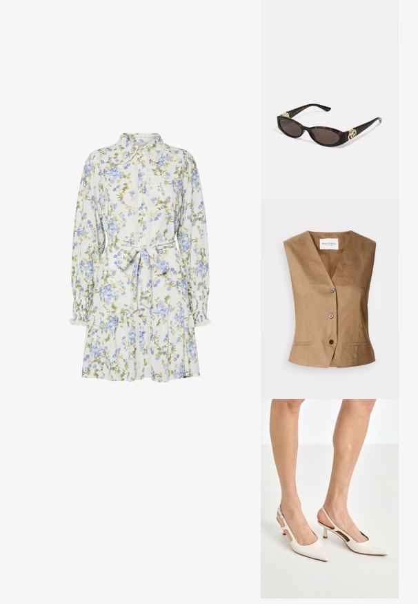 Bruine vest met een V-halsontwerp, voorzien van twee voorzakken, een sluiting met zes knopen en een gladde, gestructureerde stof.; Bloemendress in het wit met blauwe en groene bloemen, voorzien van een kraag, knoopsluiting aan de voorkant, lange mouwen met elastische manchetten en een tailleband.; Beige gepatineerde leren slingback hakken met een spitze neus en een hak van 5 cm, met uitsparingen aan de zijkanten en een dunne enkelband.; Schildpadbril met langwerpige ovale lenzen, bruine tint, gouden logo-accenten op de pootjes en slanke zwarte armen.; Beige handtas met een patroon en een gebogen vorm, leren accenten en een goudkleurig logo aan de voorkant. Beschikt over een kort handvat voor gemakkelijk dragen.