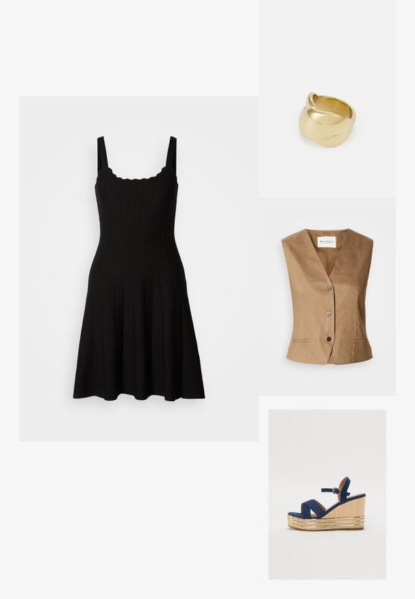 Barna mellény V nyakú kialakítással, két elülső zsebbel, hat gombbal záródik, és sima, textúrált anyagból készült.; Fekete bordázott kötött ruha, fitted bodiccial és bővülő szoknyával. Széles pántokkal és csipkés nyakkivágással rendelkezik. Sima textúrájú, térdig érő.; Tengerészeti kékszínű wedges szandál keresztbe fölmérő pántokkal, texturált természetes rostból készült talppal, és arany fémes díszítéssel az alján.; Arany flitteres kézitáska téglalap alakú, rövid fogantyúval és hosszú láncos pánttal. A textúra fényes és visszaveri a fényt.; Aranyszínű gyűrű sima, csavarodott mintával. Polírozott felülettel és lekerekített élekkel rendelkezik, ami zökkenőmentes, folyékony formát kölcsönöz neki.