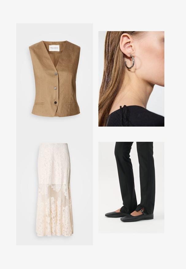 Hnedá vesta s dizajnom do V, obsahujúca dve predné vrecká, zapínanie na šesť gombíkov a hladkú, textúrovanú tkaninu.; Čierny tielko vyrobené z mäkkej, elastickej tkaniny. Má okrúhly výstrih a široké ramenné popruhy, so priliehavým strihom a hladkou textúrou.; Kvetinová čipkovaná midi sukňa v krémovej farbe; obsahuje vrstvený dizajn s priesvitnými časťami, textúrovanou čipkou a rozšíreným lemom.; Čierne kožené baletky s špicatou špičkou, remienkom so striebornou prackou, skombinované s čiernymi strihovými nohavicami so rozparkom na leme.; Strieborná kruhová náušnica s lesklým povrchom, obsahujúca malé zlaté akcenty a okrúhly tvar, nosená na lalôčiku ucha.