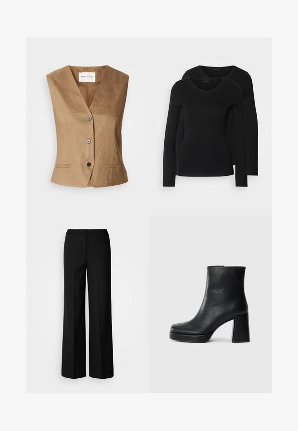 Brun vest med V-hals design, der har to forlommer, en seks-knap lukning og et glat, tekstureret stof.; To sorte langærmede t-shirts med V-hals-design, lavet af blødt, strækbart stof, som viser en glat tekstur og en tætsiddende pasform.; Sorte brede bukser i glat stof, med høj talje, skræddersyede sømme og et minimalistisk design. Ingen synlig hardware eller lommer.; Sort læder ankelstøvle med blokhæl og platformssål, set fra siden på en ensfarvet hvid baggrund.
