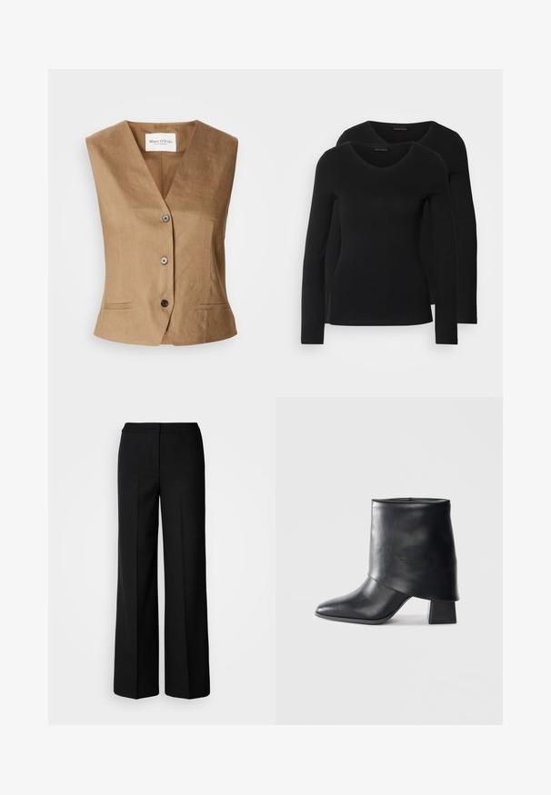 Ruskea liivi, jossa on V-päällysteinen muotoilu, kaksi etutaskua, kuuden napin kiinnitys ja sileä, teksturoitu kangas.; Kaksi mustaa pitkähihaista paitaa V-aukkolla, valmistettu pehmeästä ja joustavasta kankaasta, joka osoittaa sileää tekstuuria ja istuvaa muotoa.; Mustat leveät housut, joissa on sileä kangas, korkea vyötärö, muotoillut saumat ja minimalistinen muotoilu. Ei näkyvää varustusta tai taskuja.; Mustat nahka nilkkurit, joissa on terävä kärki, sileä pinta ja jämäkkä lohkosaapas. Ominaisuuksia korkea, taitettu varren muotoilu.