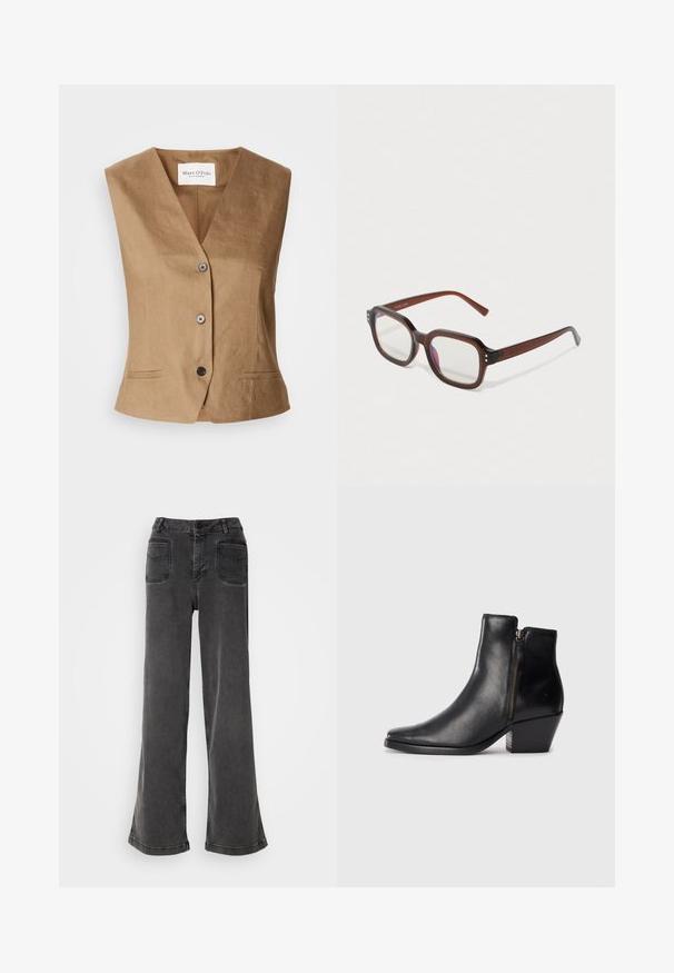 Ruskea liivi, jossa on V-päällysteinen muotoilu, kaksi etutaskua, kuuden napin kiinnitys ja sileä, teksturoitu kangas.; Mustat hihattomat poolopaidat, jotka on valmistettu sileästä kankaasta. Muotoiltu malli, jossa on korkea kaulus ja suora helma, minimalistinen ja yksivärinen.; Korkeavyötäröiset, leveälahkeiset mustat farkut, jotka on valmistettu denimestä. Farkuissa on napitus, vyölenkit ja kaksi takataskua, joissa on ommeltuja yksityiskohtia.; Mustakasta nahka nilkkuri, jossa on terävä varvas, sivuvetoketju ja paksu korko. Sileä pinta ja minimalistinen muotoilu.; Ruske läpinäkyvät suorakulmaiset silmälasit, joissa on kirkkaat linssit, hieno violetti heijastus ja pienet kultaiset koristepisteet etukulmissa.; Hope hopea, joissa on sileä ja kiillotettu pinta. Pyöreä muoto, jossa on hieman kaareva muotoilu ja sulautuvat reunat. Pinni kiinnitys.