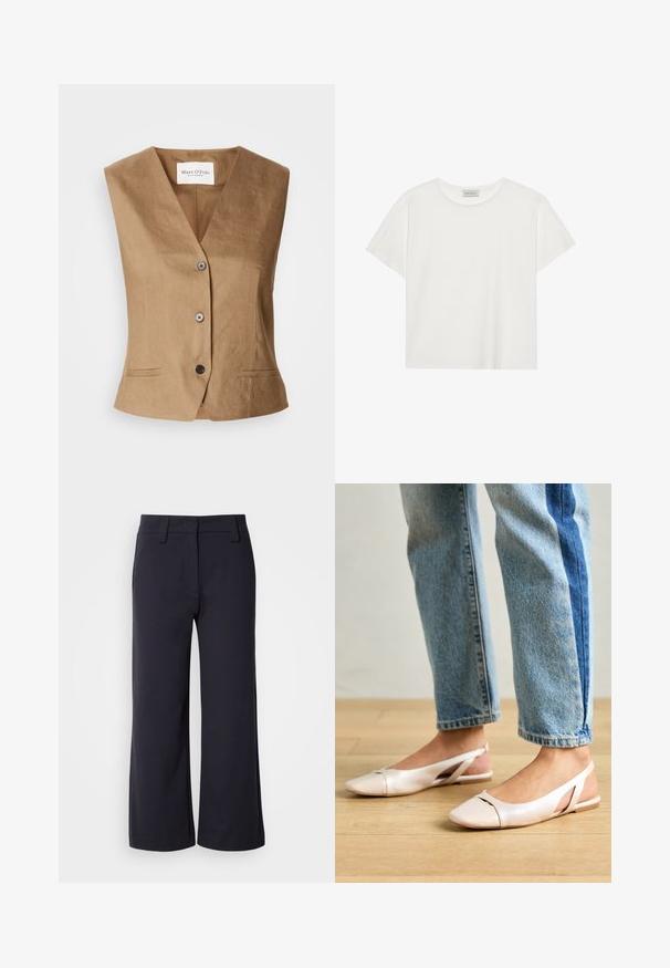 Pruun vesti V-kaelusega disainiga, millel on kaks esikotti, kuus nuppu sulgemiseks ja sile, tekstuuriline kangas.; Valge lühikeste varrukatega t-särk, mis on valmistatud pehmest puuvillast. Omab ümmargust kaelust ja mugavat lõiget. Puhtad jooned, ilma nähtavate mustrite või aktsentideta.; Laiad püksid tumedast mereväe kangast. Omavad lamedat esit, vöökohasid ja külgtaskuid. Materjal on sile ja veidi veniv.; Kahvatu roosa slingback lapikute jalatsite paar, millel on terav varvas, valmistatud siledast nahataolisest materjalist. Omab külgedel lõikekohti ja lapikut kontsa.